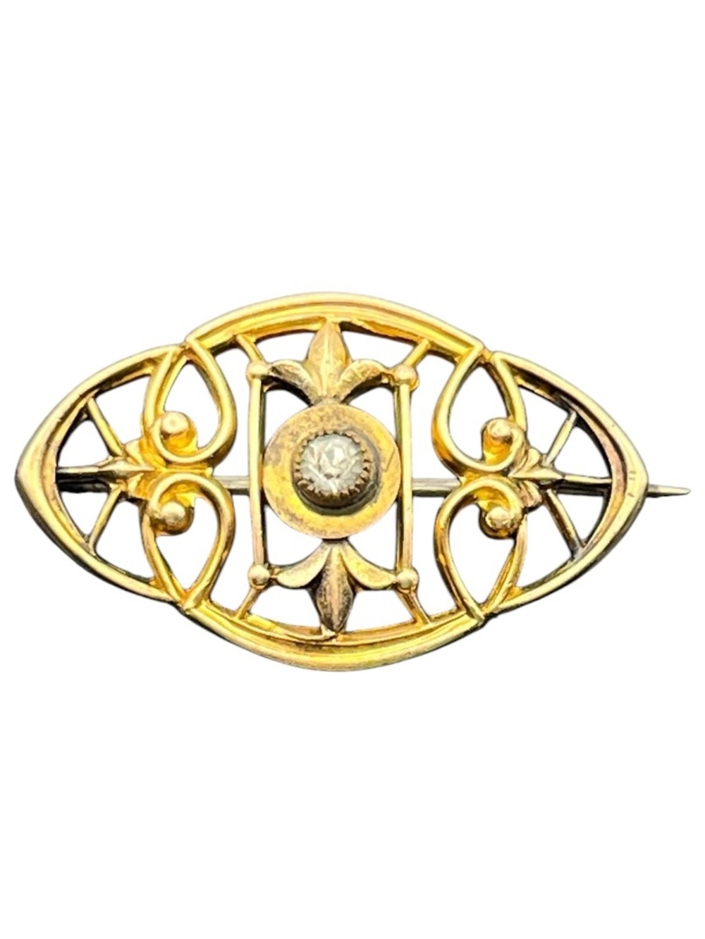 Art Nouveau gold tone open scrollwork Fleur de Lis rhinestone brooch pin